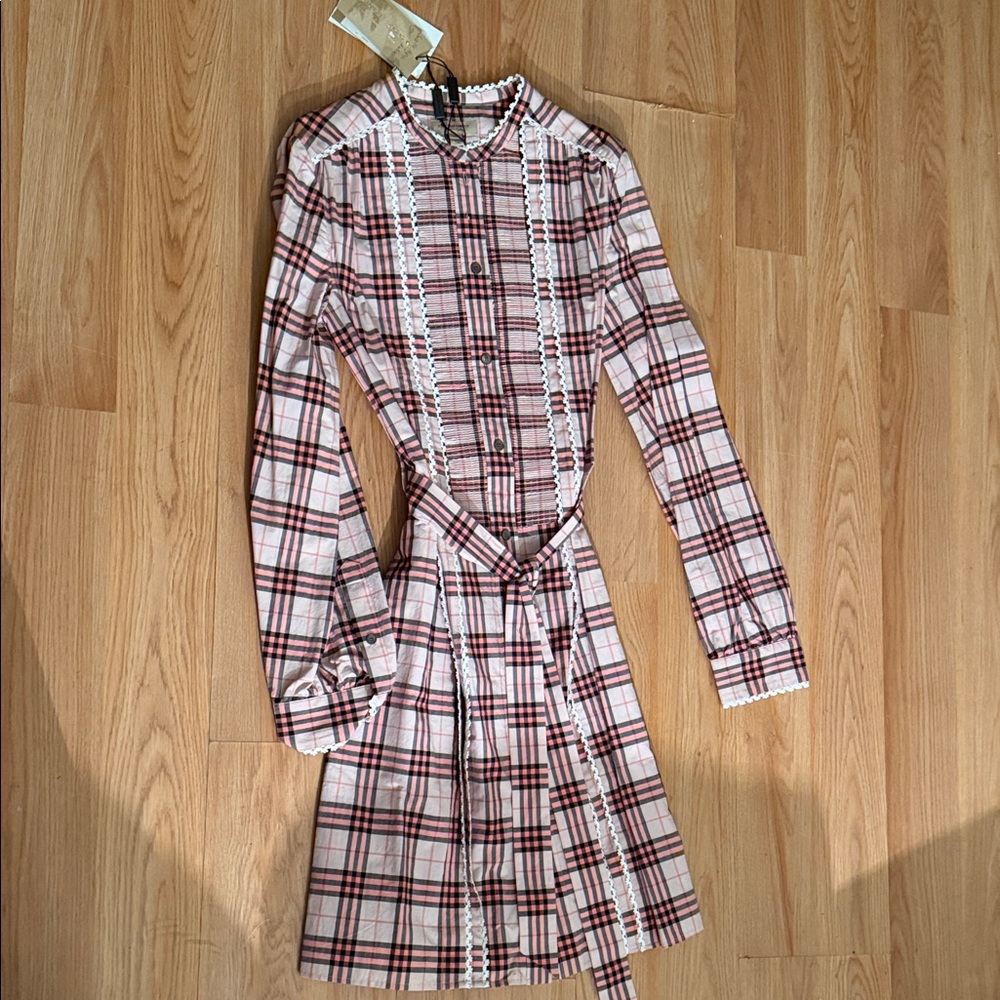 Burberry Pink and White Plaid Long Sleeve Dress